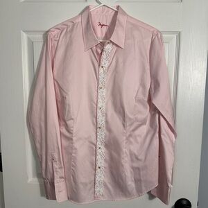 Ingram women's sz EU 48 pink blouse, button placket crocheted trim